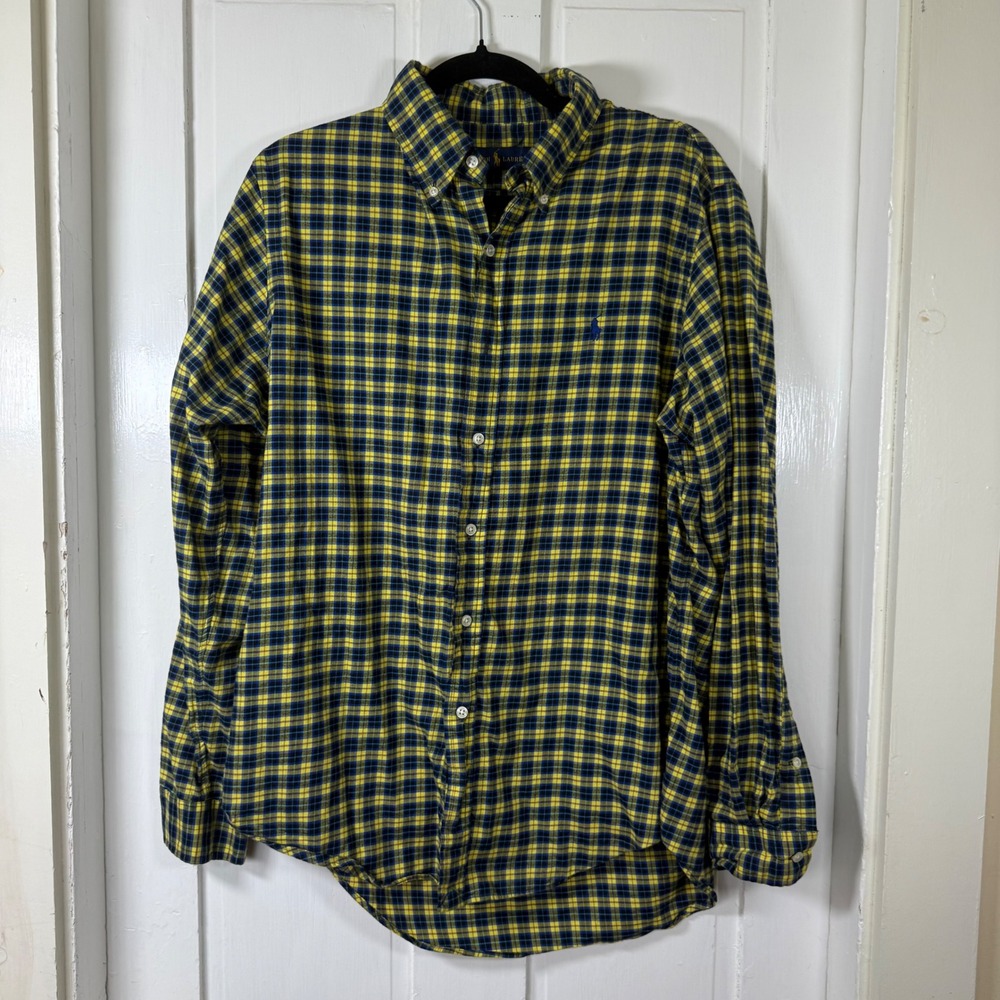 Ralph Lauren Button Down Shirt Mens Large Yellow Blue Plaid Long Sleeve